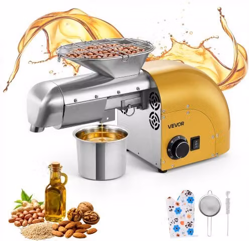 VEVOR Macchina Pressa Elettrica per Spremitura Olio 1250 W, Estrattore Automatico in Acciaio Inox Giallo per Semi di Arachidi, Sesamo e Mandorle, Capacità 5 kg/h