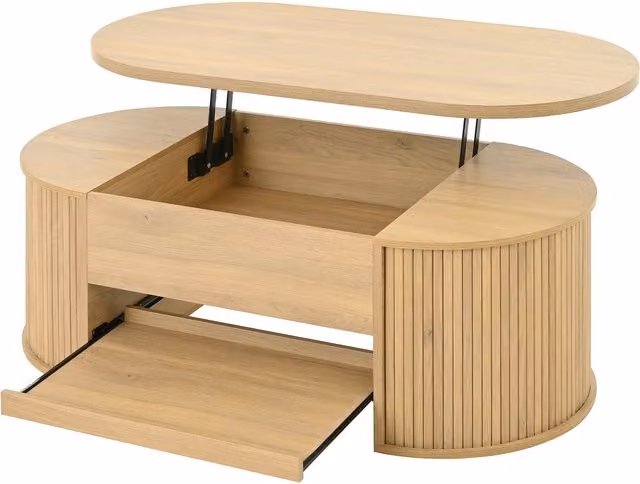 Tavolino alzabile con ripiano estraibile e piano regolabile GL Store, design moderno con lati curvi in legno, L/P/H: 110 x 55,5 x 40 cm, Colore beige e marrone