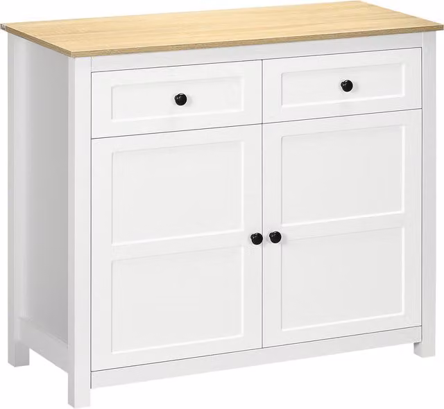 Credenza mobile da stoccaggio HOMCOM con 2 porte, 2 cassetti e mensola regolabile, bianco e effetto legno, L 100 x P 40 x H 85 cm