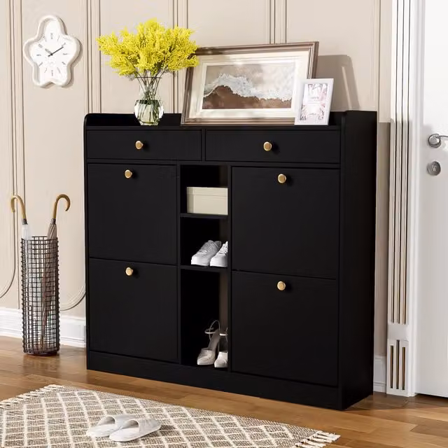 Scarpiera moderna OKWISH nera con 4 ante a ribalta, 2 cassetti e 3 vani aperti per ingresso, L: 110 cm, P: 26 cm, H: 100 cm