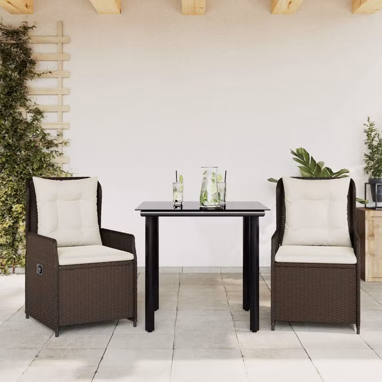 vidaXL Set da Pranzo da Giardino 3pz in Polyrattan Marrone con Cuscini e Tavolo in Vetro