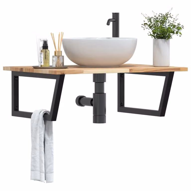 vidaXL Ripiano da parete per lavabo in legno di acacia e metallo nero e marrone
