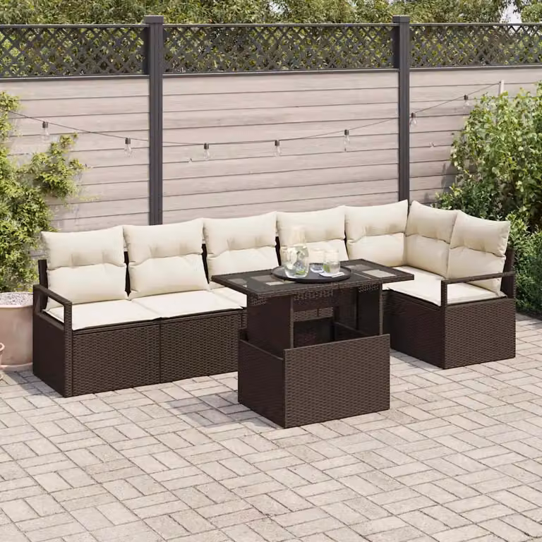 Set Divano da Giardino vidaXL 7 Pezzi in Polyrattan Marrone con Cuscini e Tavolino