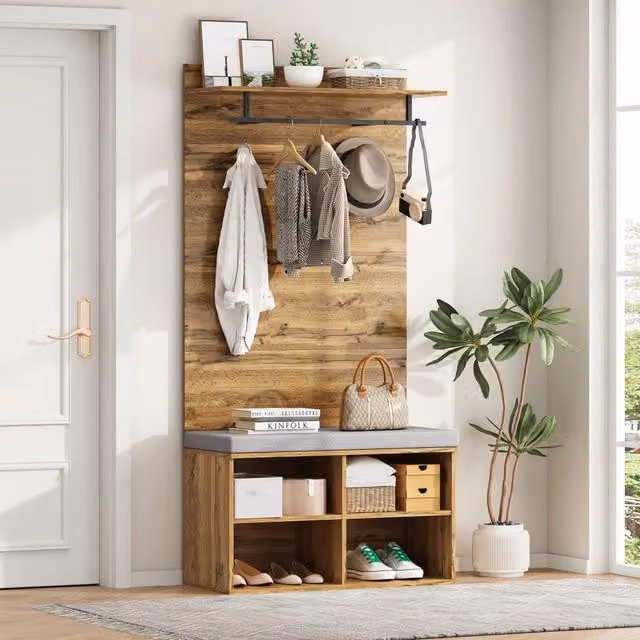 Mobile da ingresso OKWISH con scarpiera imbottita, asta appendiabiti e ganci, rovere marrone, L: 84 cm, P: 35 cm, H: 175 cm