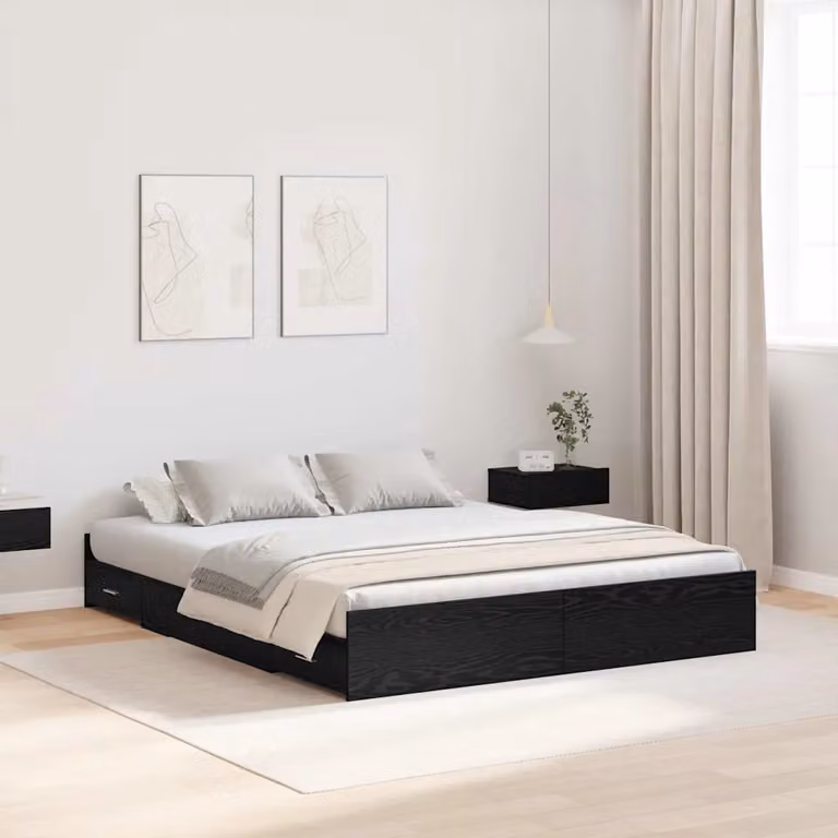 Struttura letto con contenitore vidaXL in legno e MDF, colore Nero e Rovere, L 140 cm x P 200 cm x H 203 cm
