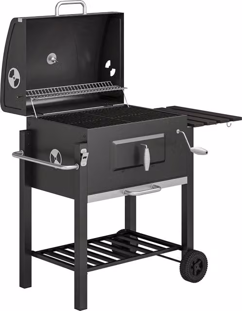 Barbecue a carbone con ruote Outsunny in acciaio inossidabile con termometro e coperchio, Nero, L: 113 cm, P: 65 cm, H: 108 cm