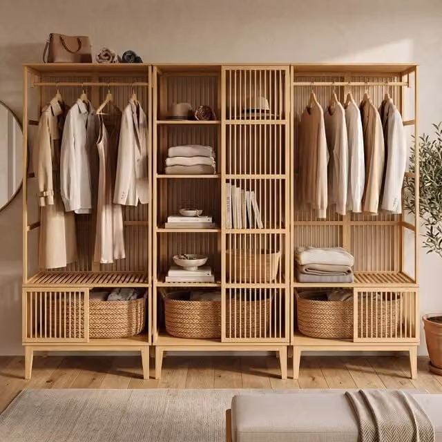 Set Organizzatore Guardaroba en.casa in Bambù Beige con 2 Armadi Aperti e 1 Scaffale