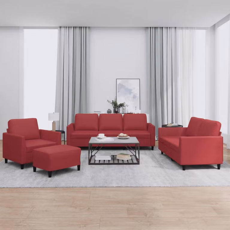 Set di divani vidaXL 4 pezzi in similpelle rosso con cuscini, include divano a 3 posti, divano a 2 posti e pouf