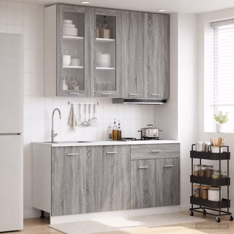 Set di unità cucina moderna vidaXL LYON composta da 4 pezzi in MDF grigio con ante in vetro