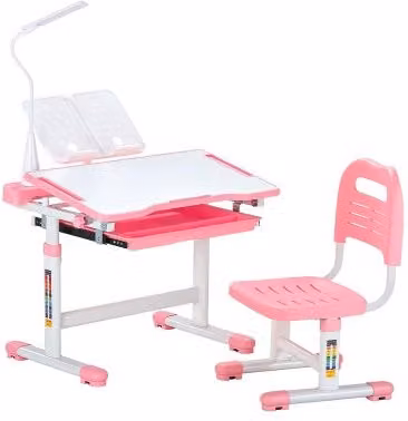 Set Scrivania e Sedia da Lavoro per Bambini VEVOR con Piano Inclinabile e Altezza Regolabile, Rosa