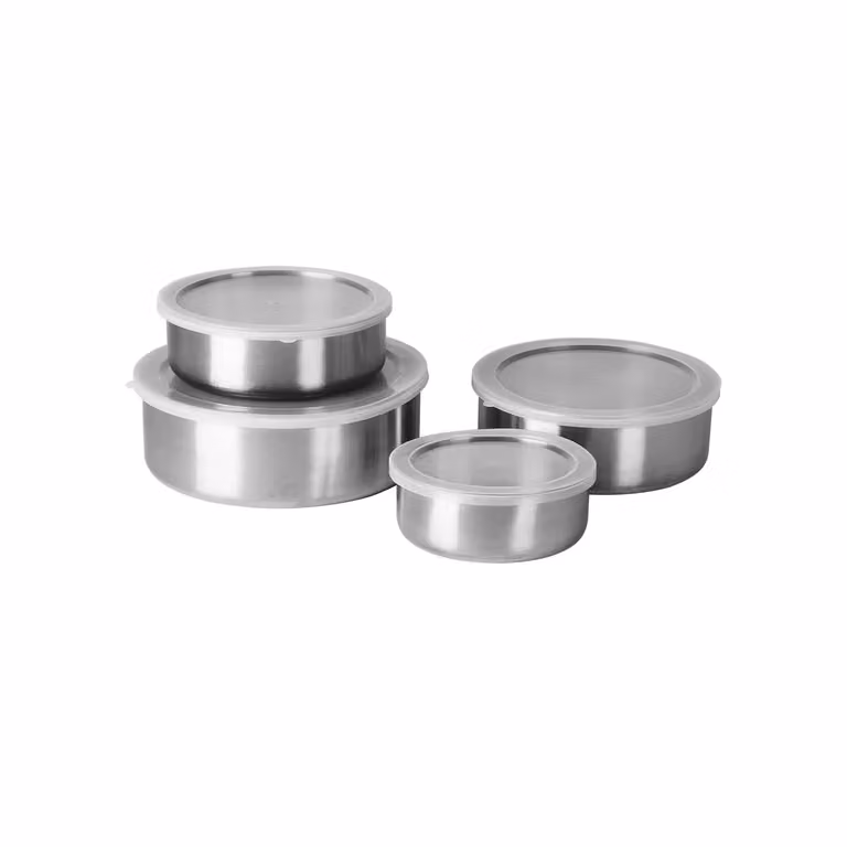 GUSTO CASA Set di 4 Contenitori Organizzatori per Cibo in Acciaio Inox e Plastica Trasparente con Coperchi, Impilabili e Lavabili in Lavastoviglie
