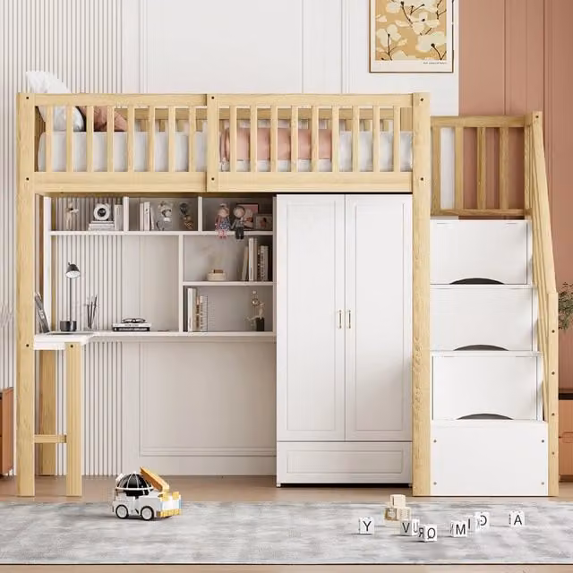 Letto a soppalco singolo Modenuit bianco con armadio, tavolo, scaffale e scala con cassetti L/P/H: 200 x 90 x 240 cm