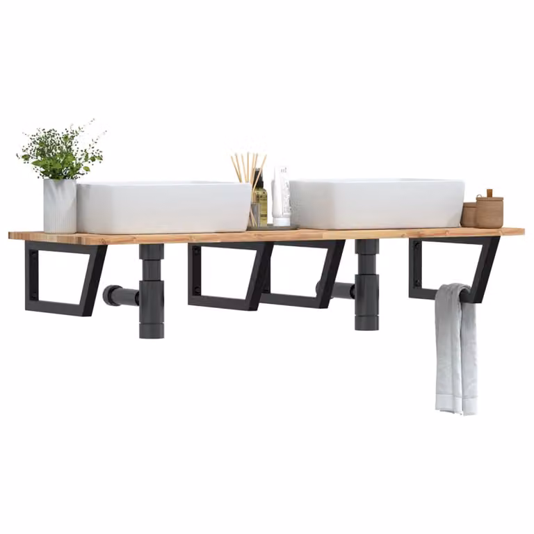 vidaXL Ripiano a Parete per Lavabo in Acacia e Metallo, Marrone e Nero, L: 50 cm, P: 22 cm, H: 5 cm