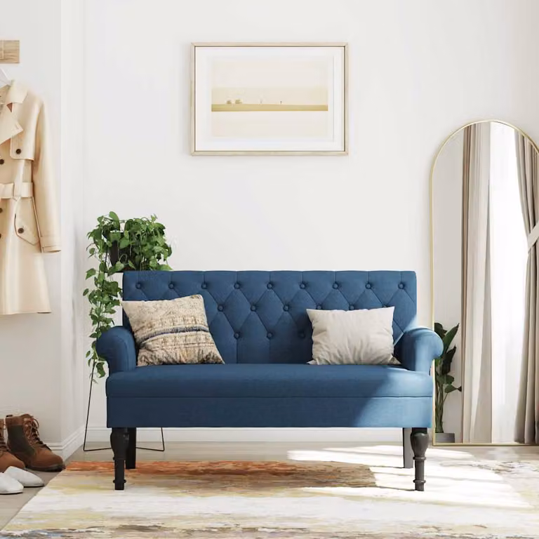 Panca con schienale vidaXL in tessuto blu con struttura in legno e plastica, L 120 x P 62 x H 75,5 cm