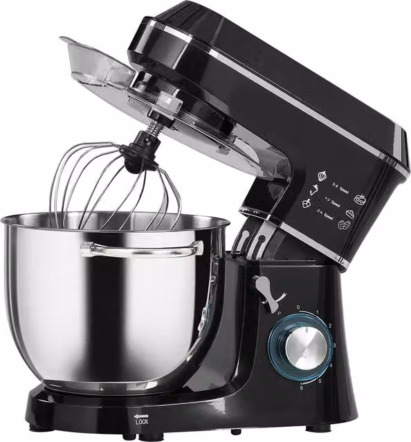 Impastatrice Planetaria HOMCOM da 1400W con Ciotola in Acciaio Inox da 7L, 6 Velocità, Gancio, Frusta e Sbattitore, Nero