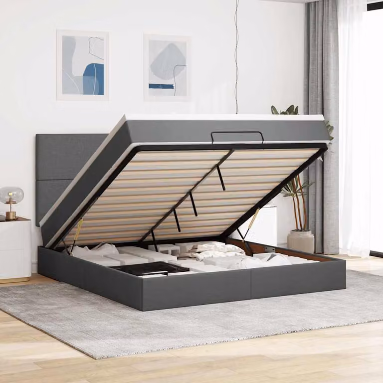 Letto con contenitore a sollevamento vidaXL in tessuto grigio e bianco con materasso, illuminazione sottostante e porta di ricarica USB, L/P/H: 160 x 200 x 128 cm
