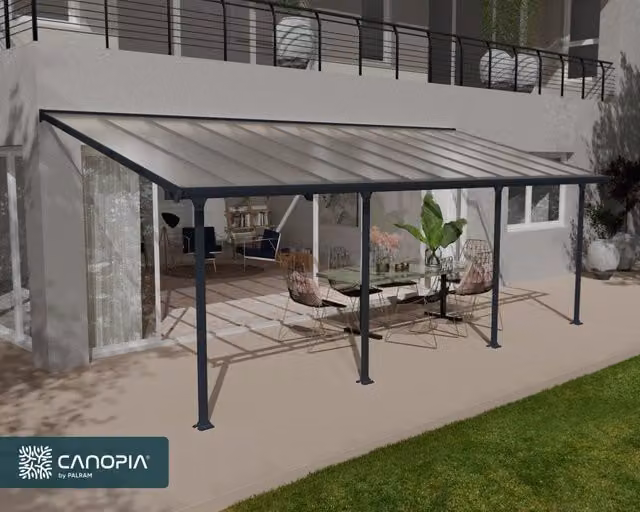 Pergola addossata Palram Feria in alluminio e policarbonato colore grigio L: 7.3 m, P: 3 m