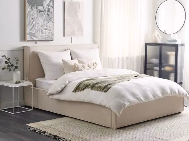 Letto King Size Beliani con Contenitore e Telaio a Doghe, Rivestimento in Tessuto Beige, L/P: 160 x 200 cm