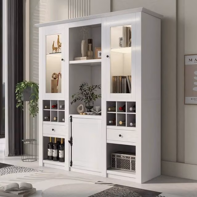 Vetrina REDOM moderna in MDF bianco con illuminazione LED integrata e ante a battente, L: 143 cm, P: 45,5 cm, H: 170 cm