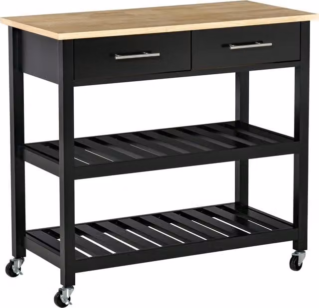 Carrello di servizio da cucina HOMCOM moderno con 2 ripiani, 2 cassetti e ruote, nero e legno naturale