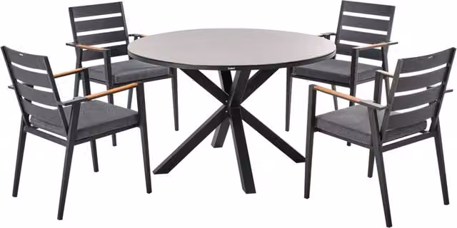 Set da pranzo da giardino Beliani con tavolo in alluminio e piano in ceramica grigio e 4 sedie con cuscini, L: 120 cm, P: 75 cm, H: 70 cm