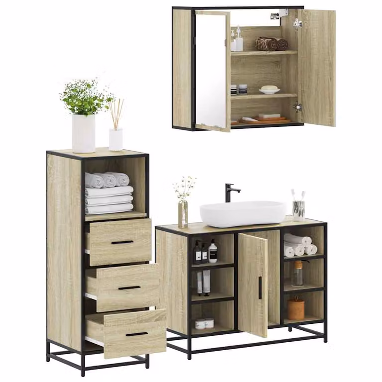Set di mobili da bagno industrial vidaXL composto da 3 pezzi in legno e metallo colore marrone con armadietto specchio, mobile lavabo e mobile laterale