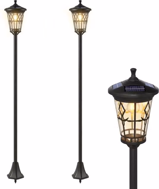 Set di 2 Lampioncini Solari da Giardino Minimal in Metallo Nero con LED Luce Bianca Calda e Sensore Crepuscolare IP44