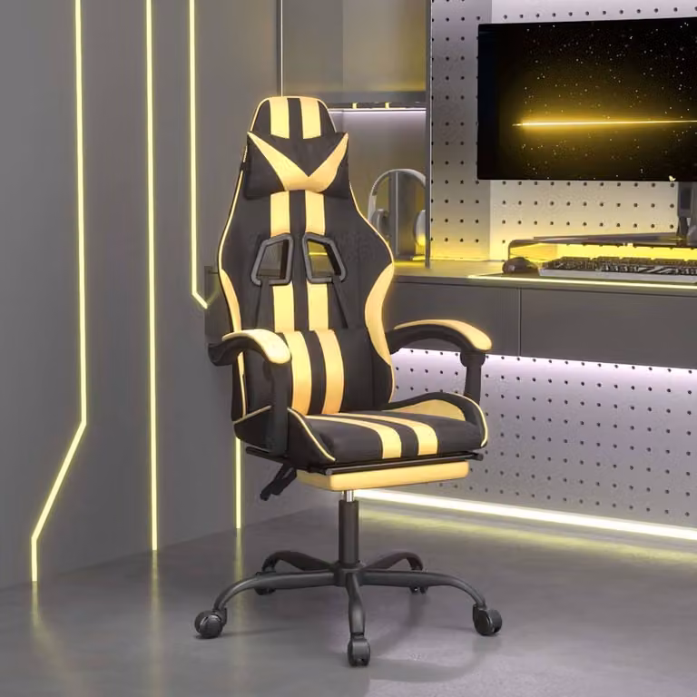Sedia da Gaming vidaXL con Poggiapiedi, Nero e Oro in Similpelle, Ruote e Braccioli