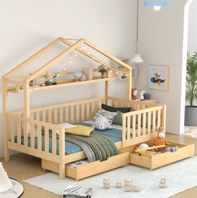 Letto casetta per bambini Beaok in legno massiccio con 2 cassetti, colore bianco, L/P/H: 200 x 90 x 166,5 cm