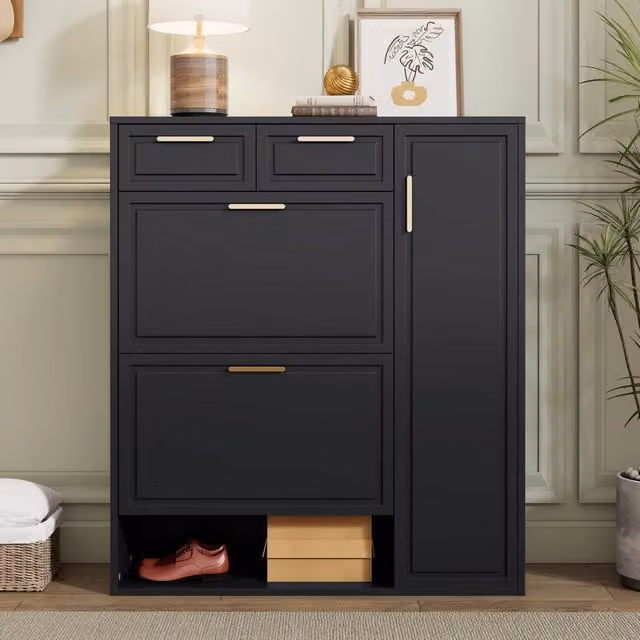 Scarpiera Moderna MINIMAL con Cassetti, Ante e Ripiani, Colore Nero, L/P/H: 95 x 24 x 107 cm