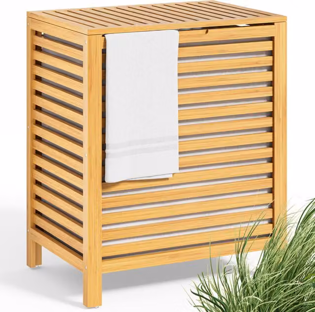 Cesto per la biancheria in bambù Casaria® marrone con coperchio e sacca rimovibile in cotone da 62L, H: 61.0 cm, L: 36.0 cm, P: 51.0 cm