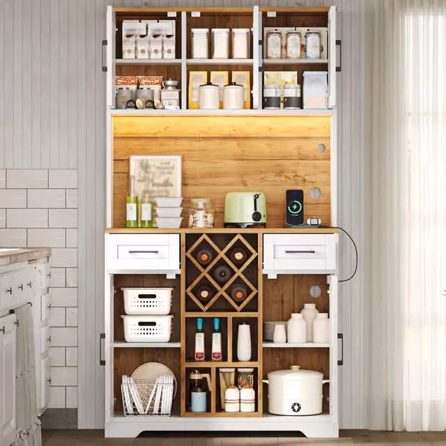 Mobile dispensa REDOM in MDF bianco e beige con illuminazione LED RGB e portabottiglie, L 105 cm x P 40 cm x H 180 cm