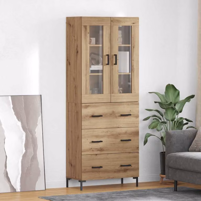 Set di 2 credenze vidaXL in rovere con ante in vetro e cassetti per soggiorno, L/P/H: 69,5 x 34 x 180 cm
