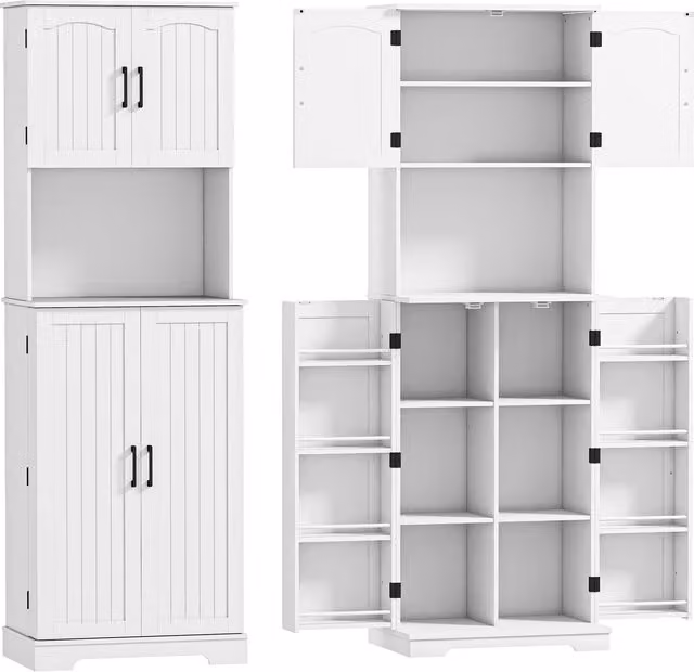 Credenza da Cucina Alta HOMCOM in Stile Country con 2 Armadietti e 8 Portaspezie, Bianco, L: 60 cm, P: 40 cm, H: 181.5 cm