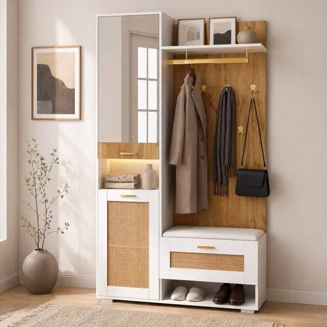 Set ingresso moderno MODFU con armadio, specchio con illuminazione LED, panca e appendiabiti, bianco e legno, L/P/H: 110 x 38 x 190 cm