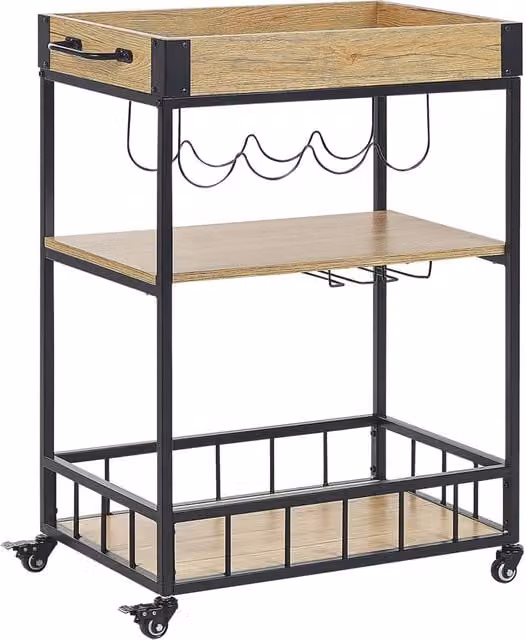 Carrello da cucina moderno BELIANI con 3 ripiani in legno e metallo nero, dotato di ruote, L: 62 cm, P: 37 cm, H: 89 cm