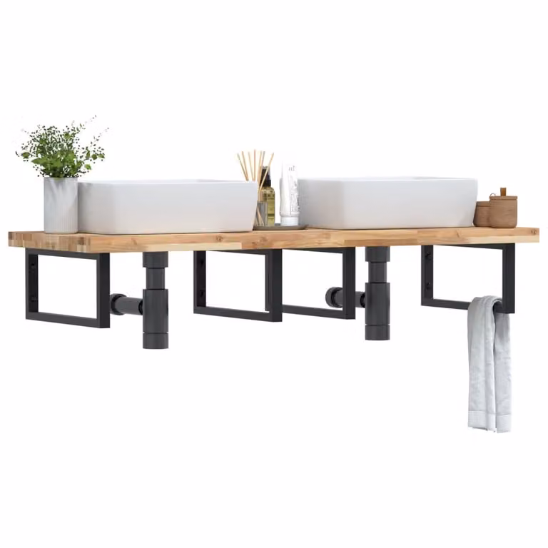 vidaXL Ripiano a Parete per Lavabo in Accacia e Metallo Nero e Marrone L: 50 cm, P: 24 cm, H: 5 cm