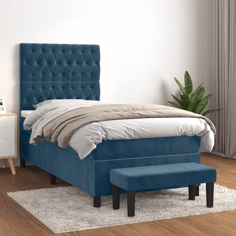 vidaXL Giroletto a Molle con Materasso Ibrido in Velluto Blu Scuro, L/P/H: 90 x 190 cm