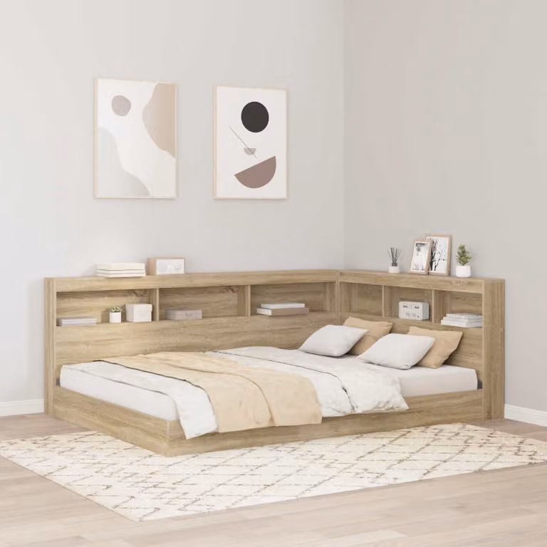 Testata letto con contenitore vidaXL in legno ingegnerizzato e metallo, colore marrone, con ripiano integrato e porta di ricarica USB, L: 217,5 cm, P: 19,5 cm, H: 76,5 cm