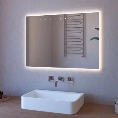 Specchiera rettangolare con illuminazione LED perimetrale e dettagli sabbiati, L: 100 cm, H: 70 cm
