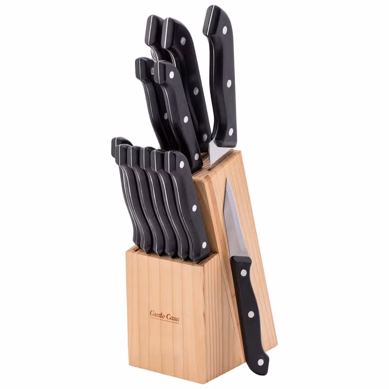 Set di coltelli Gusto Casa in acciaio inox con ceppo in legno nero e acciaino, 12 pezzi
