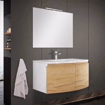 Mobile bagno sospeso d'angolo INBAGNO moderno con ante a battente soft close, colore bianco oro e marrone