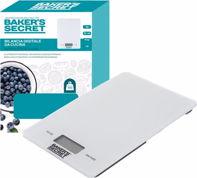 Bilancia da cucina digitale Baker's Secret in vetro bianca con funzione tara e conversione unità