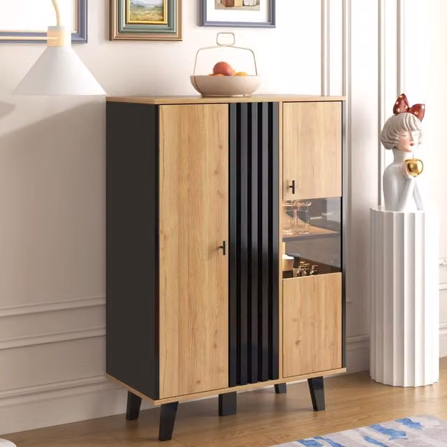 Credenza vetrina moderna con ante in vetro e illuminazione LED integrata, colore marrone, L: 120 cm, H: 80 cm, P: 40 cm