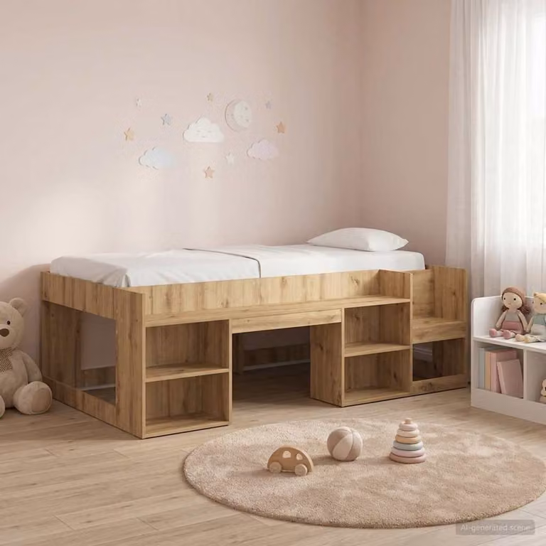Letto singolo rialzato per bambini vidaXL in legno color rovere con scomparti laterali L/P/H: 203 x 90 x 120 cm