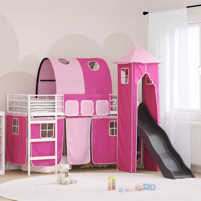 Letto a castello per bambini vidaXL in metallo con struttura a casetta, Bianco e Rosa, L: 194 cm, P: 80 cm, H: 116 cm