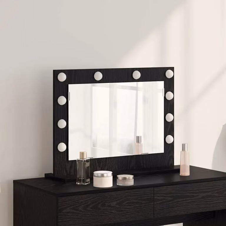 Specchio da vanità moderno vidaXL con luce LED e porta USB, rettangolare, nero, L: 60 cm, P: 45 cm, H: 18 cm