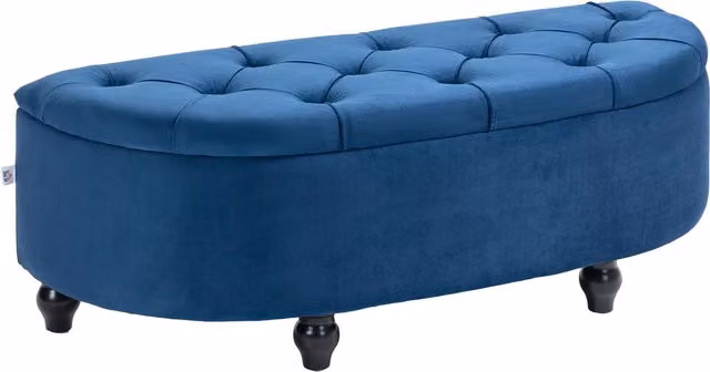 Pouf contenitore 2 in 1 HOMCOM in velluto blu con design capitonné a semicerchio e piedini in legno di gomma nero