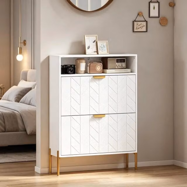 Mobile portascarpe moderno WISHDOR bianco e oro con scomparti a ribalta e scaffale aperto per ingresso, H 110 cm x L 80 cm x P 23,7 cm