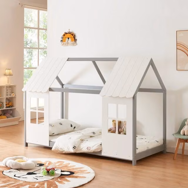 Letto per cameretta a forma di casetta Tostedt en.casa in legno di pino, Grigio e Bianco, L/P/H: 200 x 90 x 145 cm